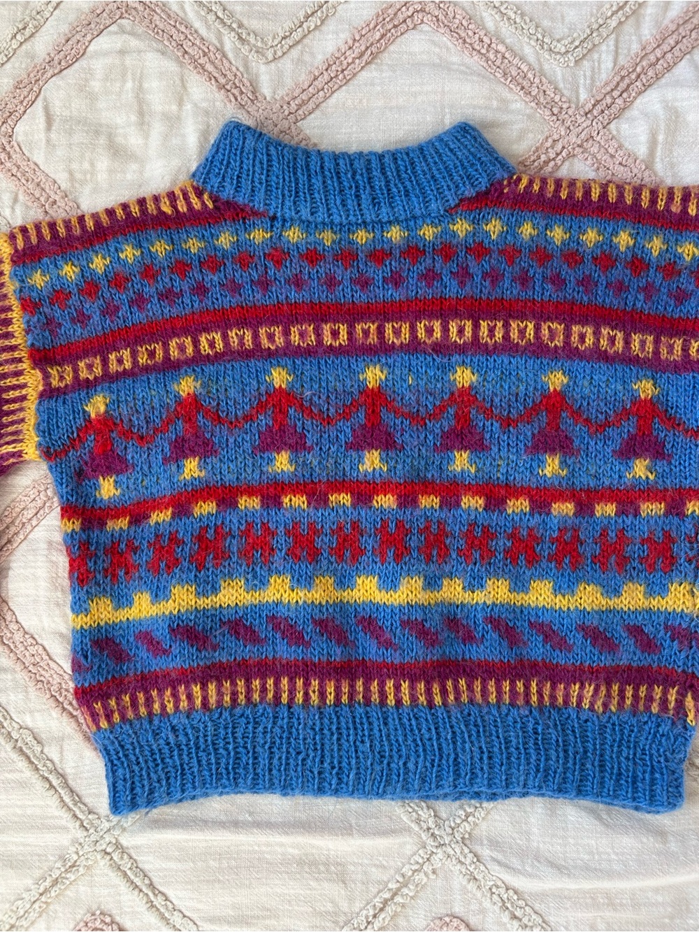 Kids Blue Fair Isle Knit Sweater Top with Red & Yellow Pattern